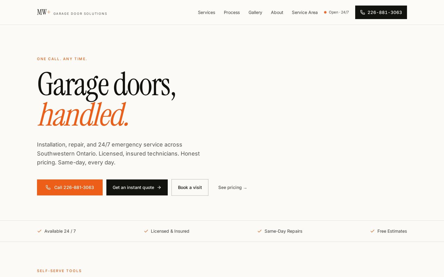 MW+ Garage Door Solution website homepage